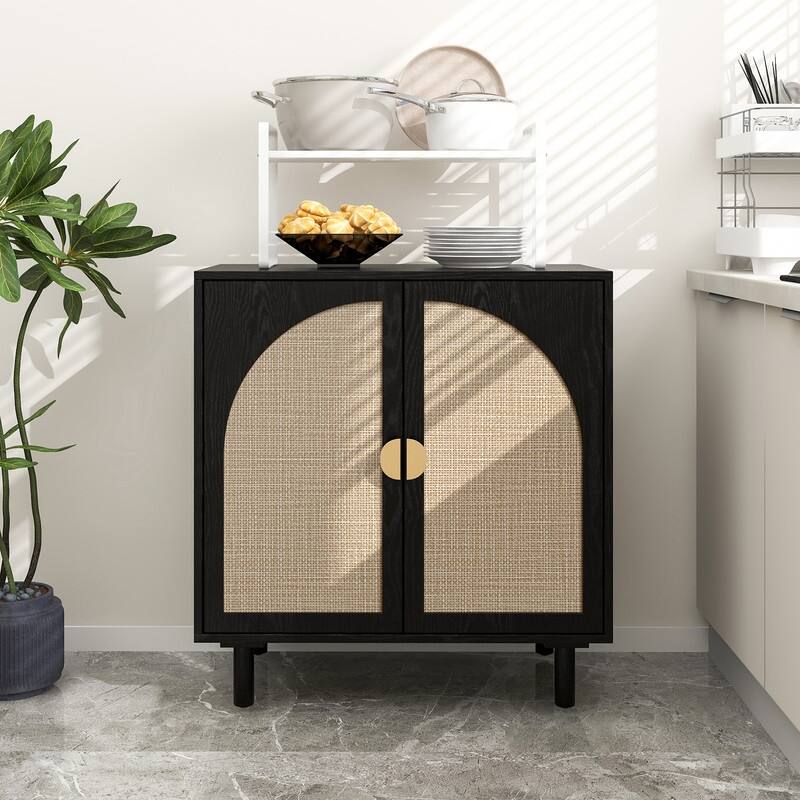 Rustic Style Living Room Storage Cabinet with Rattan Decorative Doors - Black