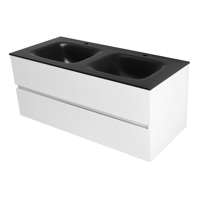 Wall-Mounted Bathroom Vanity Set in White with Black Quartz Top and Integrated Sink