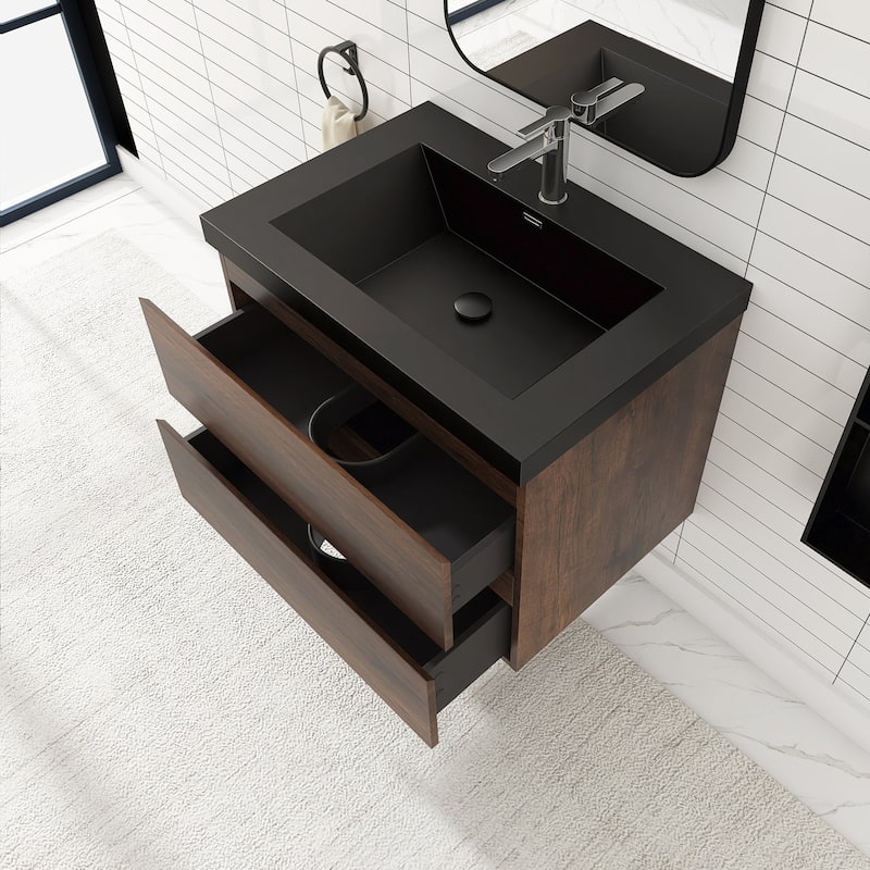 24/30/36 inch Wall-Mounted Bathroom Vanity Set in Rose Wood with Integrated Black Resin Sink