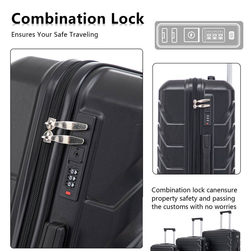 20"/24"/28" 3-Piece, Modern Luggage Sets with Retractable Handle and Combination Lock, for Boarding Travel, Black