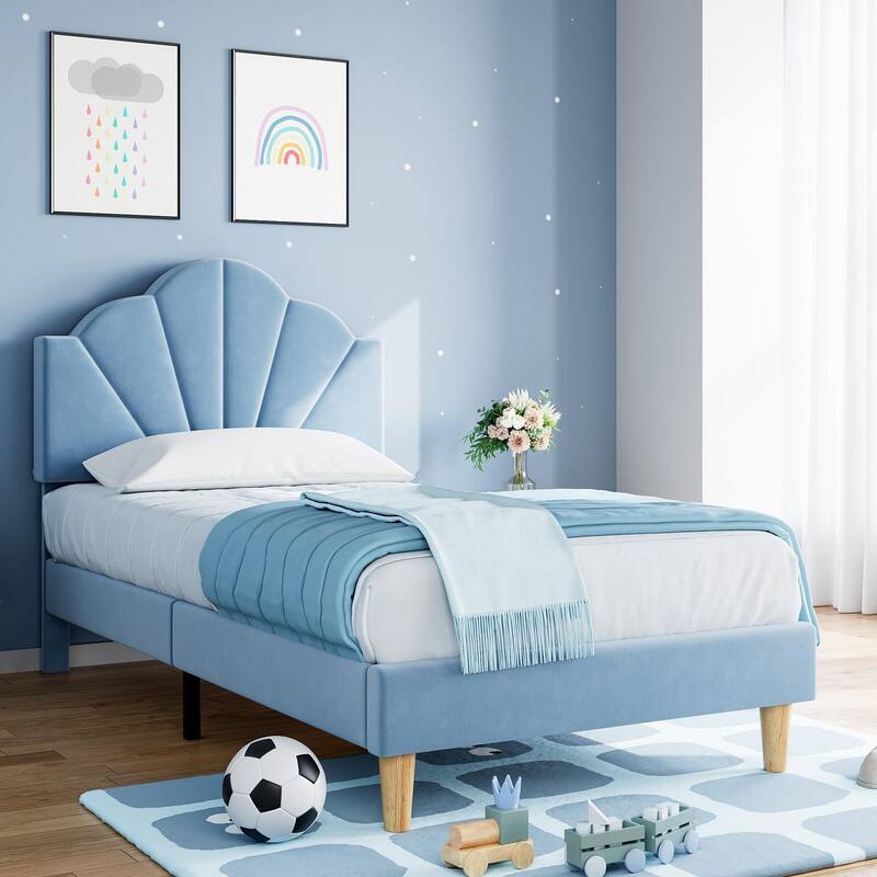Velvet Upholstered Twin Platform Bed Frame, with Height Adjustable Headboard - Blue