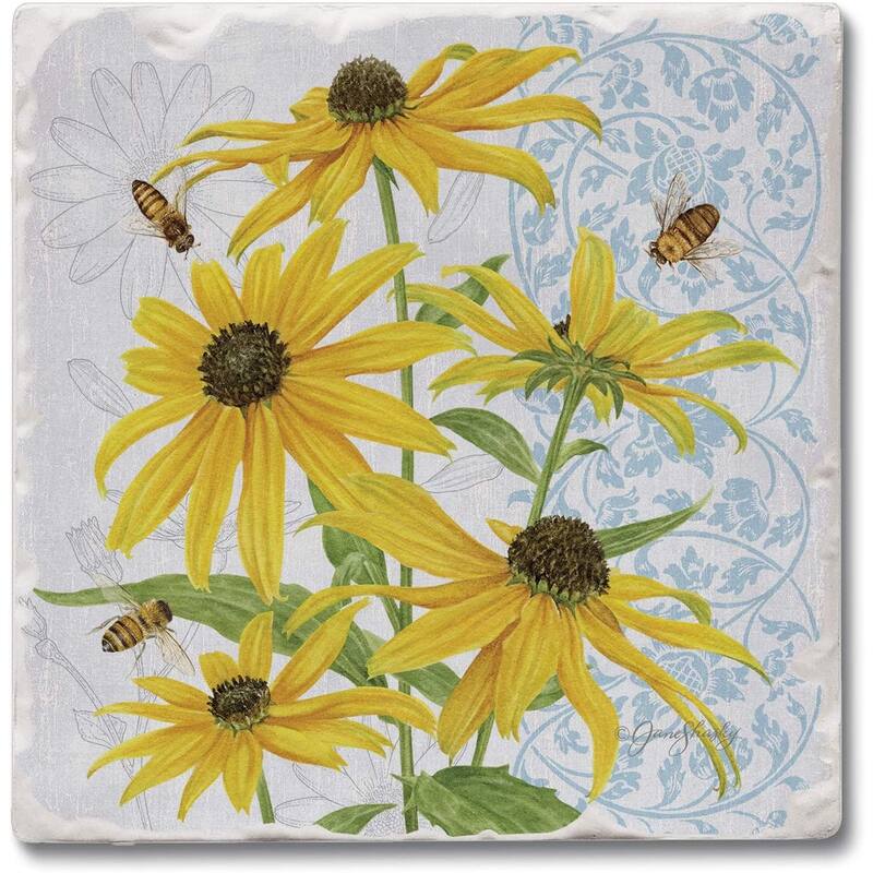 Absorbent Stone Beverage Coasters - Set of 4 - Black Eyed Susans - Multi-155