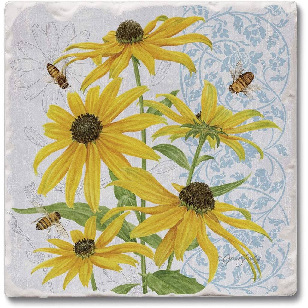 Absorbent Stone Beverage Coasters - Set of 4 - Black Eyed Susans - Multi-155