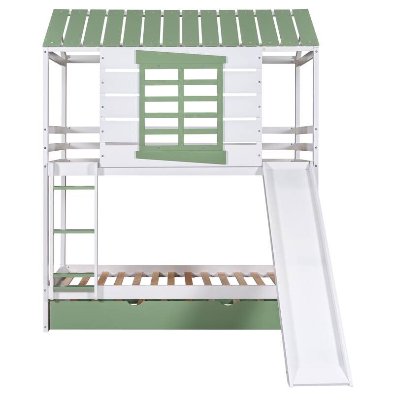 Convertible Twin Bunk Bed with Slide and Trundle, White and Green