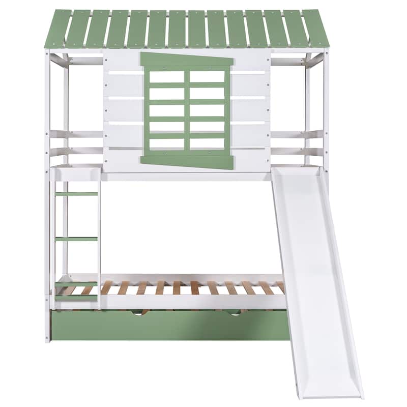 Roomfitters Twin over Twin House Bunk Bed with Slide, Convertible Trundle and Side Ladder Access, White+Green