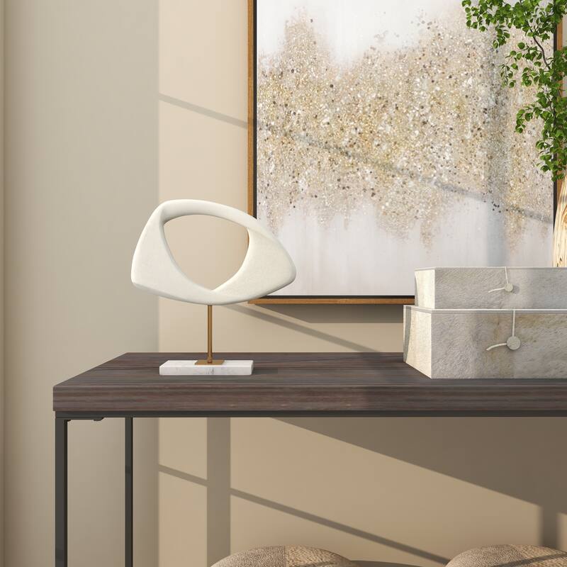 White Polystone Cut-Out Abstract Decorative Sculpture with Marble Stand