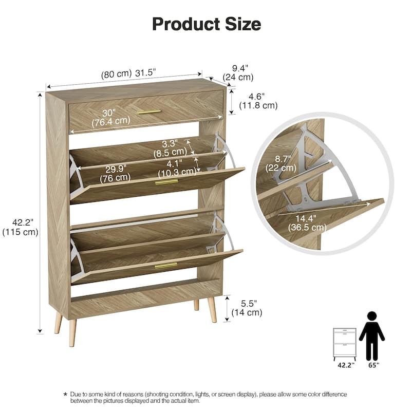 Anmytek 16 Pairs Wood Shoe Storage Cabinet Narrow Shoes Organizer Cabinet with 2 Flip Drawers for Entryway
