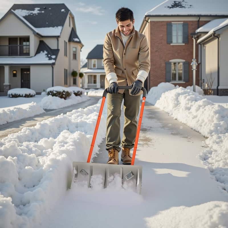 24 Inch Push Snow Shovel with Wide Blade Sturdy Frame and Anti-Slip Wheels for Driveway Yard or Sidewalk