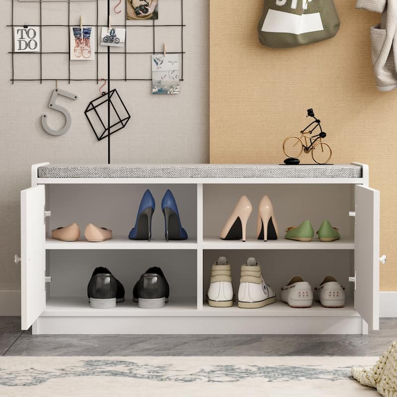 Hallway Shoes Storage Cabinet Bench with 2-Door & Padded Seat Cushion