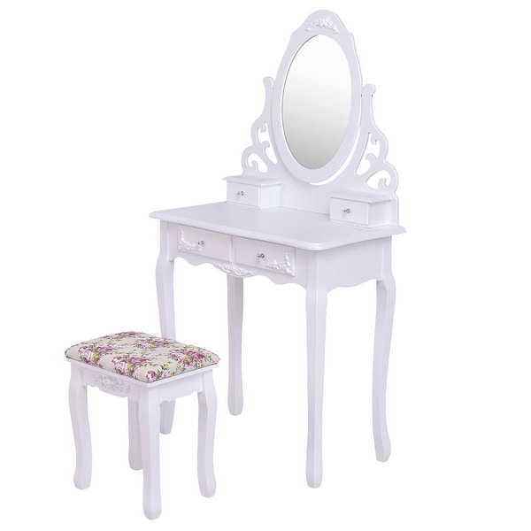 Mirrored Wood Vanity Table Stool Set w/ 4 Drawers & Rose Cushion