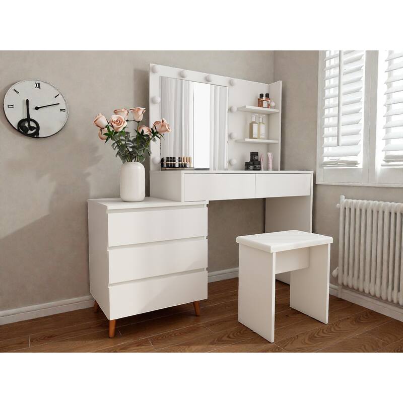 White LED Lighted Makeup Vanity Table with Mirror, Storage Drawers, Organizers & Stool, Modern Beauty Station for Small Rooms