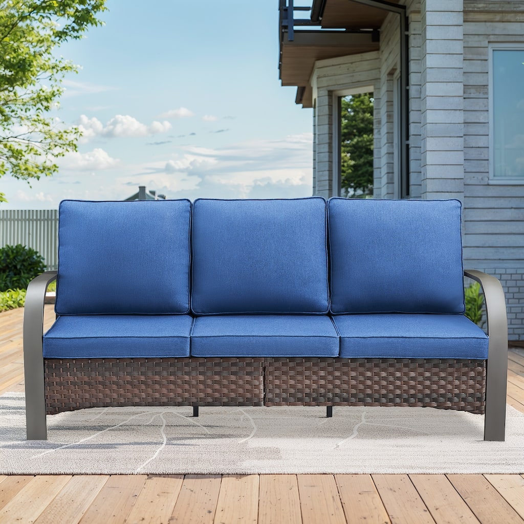 PE Wicker 3-Seat Outdoor Sofa High Back Couch - Blue Cushion - Brown