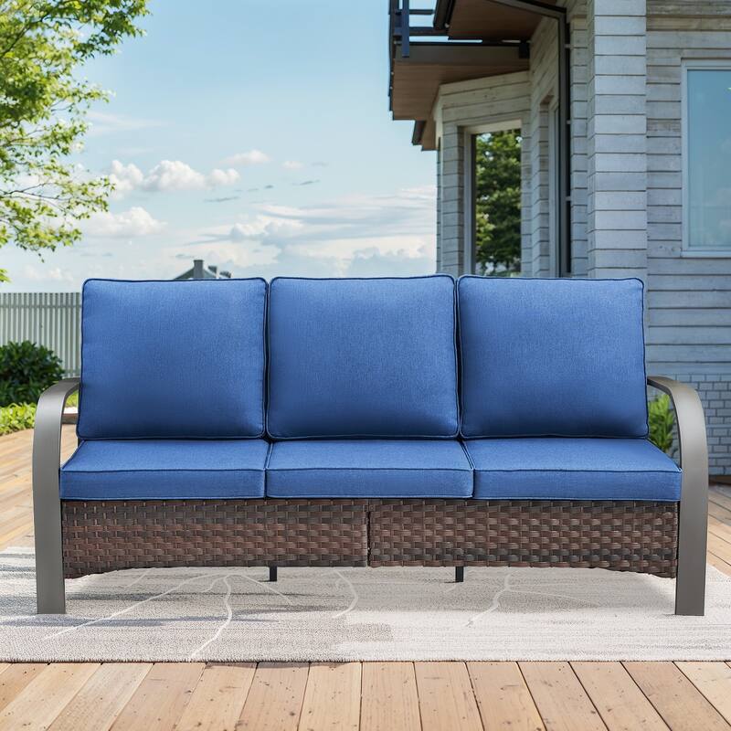 Pocassy Outdoor Patio Sofa Chairs Ottoman Set Funiture - 1PC Sofa - Brown Rattan - Blue Cushion