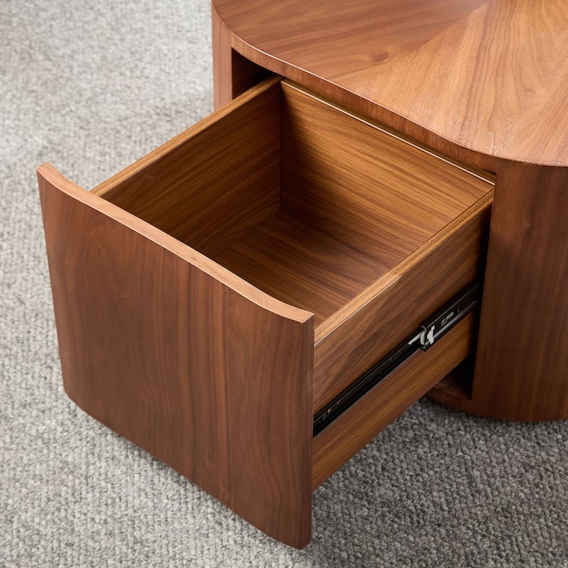 Modern Petal Shaped Coffee Table Stylish Round Coffee Table with Hidden Drawers, for Living Room, Walnut Color