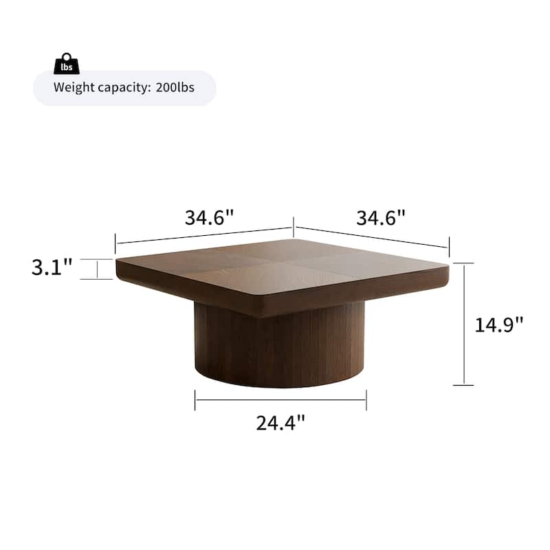 34.6" Modern Square Coffee Table with Parquet Wood Veneer Top & Cylindrical Base, Stylish Living Room Center Table