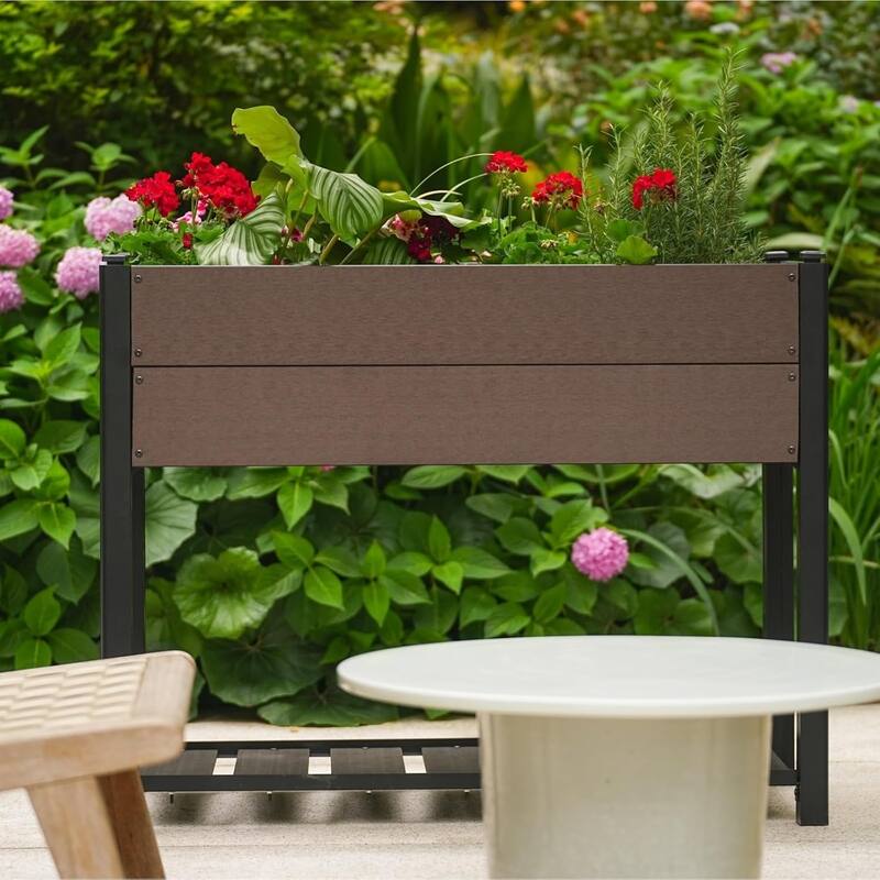 49x49x85cm HDPE Elevated Garden Bed with Storage Shelf - Wood Grain Planter Box with Aluminum Frame