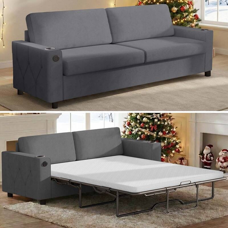 Mixoy Pull Out Sofa Bed,Sleeper Sofa Couch with Memory Foam Mattress,Cup Holder,USB,Pull Out Couch Bed - Queen Size - Dark Grey