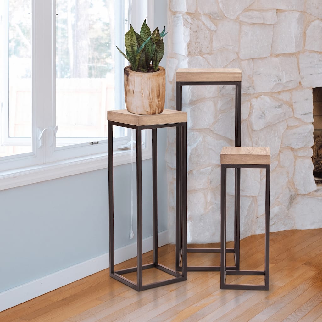 Allan Andrews Neutral Wood & Metal Pedestal Accent Tables - Set of 3