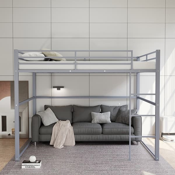 slide 2 of 33, Metal Loft Bed Full with Guardrails, Flat Ladder, Kids, Teens, Adults Grey