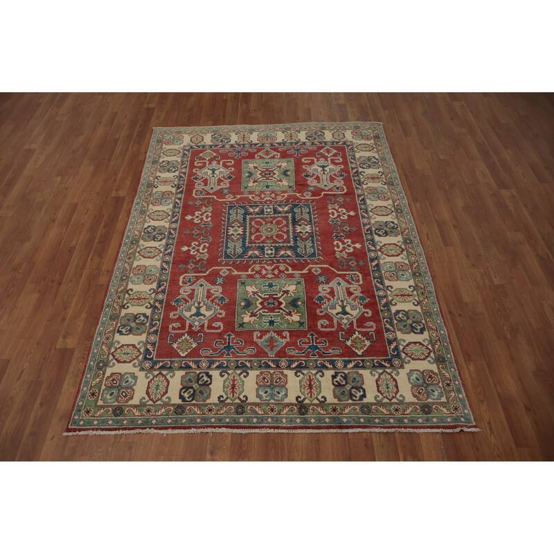 Hand Knotted Oriental 100% Wool Carpet Traditional Geometric Red Kazak Area Rug - 6' 10'' X 4' 11''