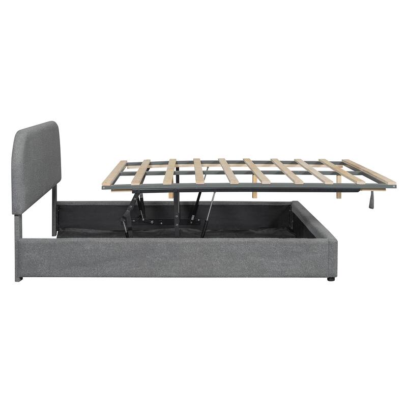 Lift Up Storage Platform Bed Frame, Teddy Fleece Low Profile Bed Hydraulic Storage System, Curved Headboard, Wood Panel Bed