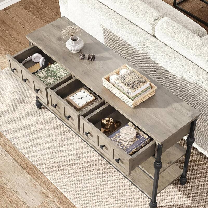 53" 3-Tier Console Sofa Table, Entryway Table with 3 Drawers