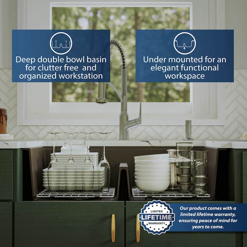 Karran QUWS-880 Undermount 32-1/2 in. Double Equal 50/50 Bowl Workstation Kitchen Sink