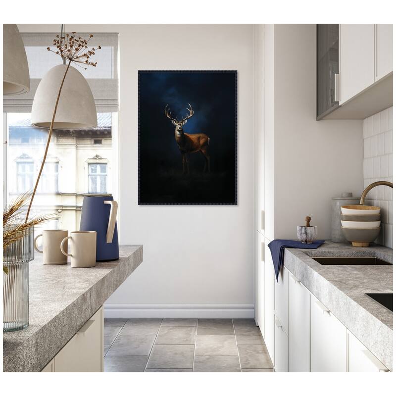 Kate and Laurel Cobalt Night Sky Deer by The Creative Bunch Studio Framed Canvas Wall Art Print