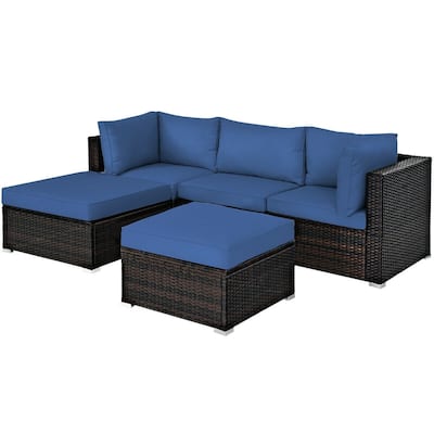 5 Pcs Patio Rattan Sofa Set with Cushion and Ottoman - 29.5" x 29.5" x 25" (L x W x H)
