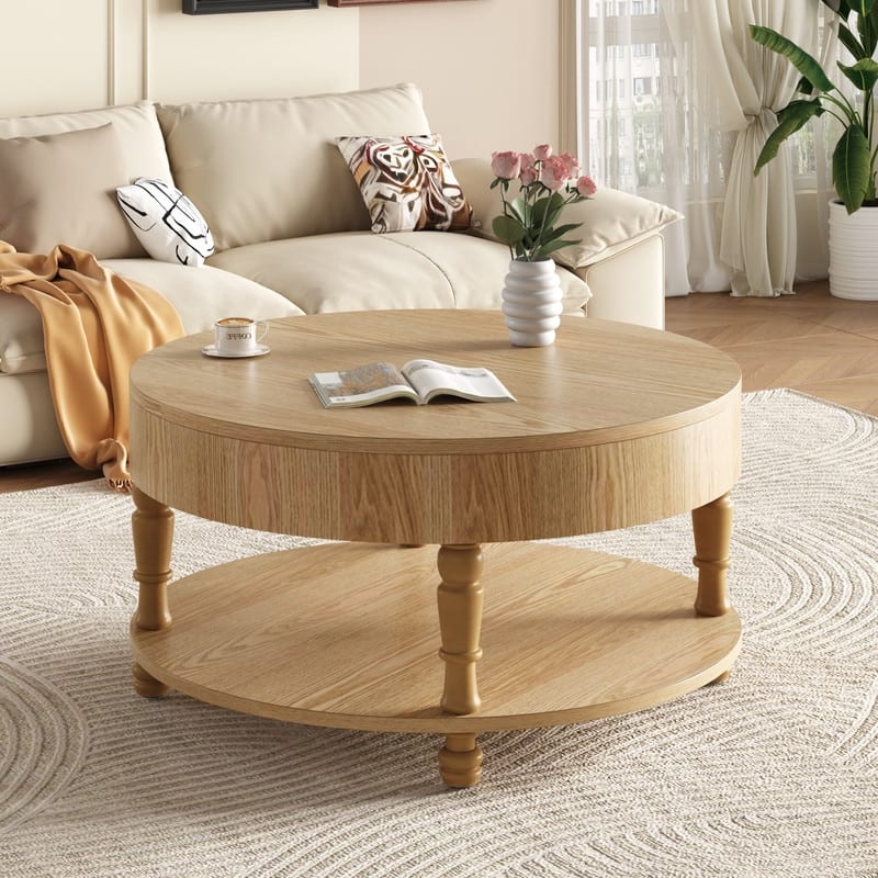 Modern Round Coffee Table with Dual Storage and Flip-Top Design for Living Room Organization - Natural