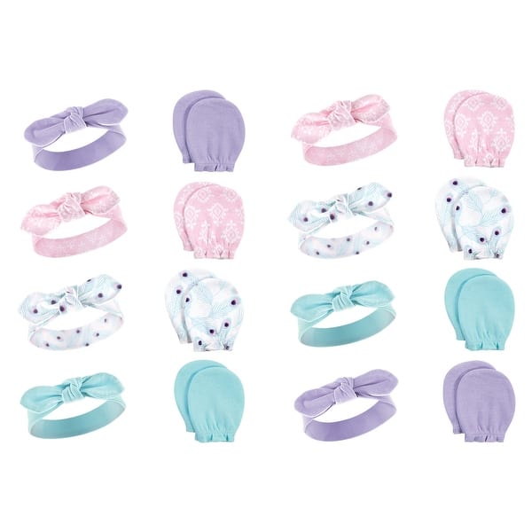 slide 1 of 1, Hudson Baby Infant Girl 16Pc Headband and Scratch Mitten Set, Peacock, 0-6 Months - Peacock Peacock - 0-6 Months