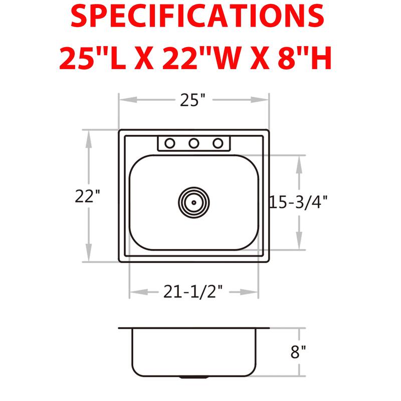 CB HOME 25'' Modern Drop in Stainless Steel Kitchen Sink,Top Mount Single Bowl Sink with Three Faucet Hole - 25''X22''X8''