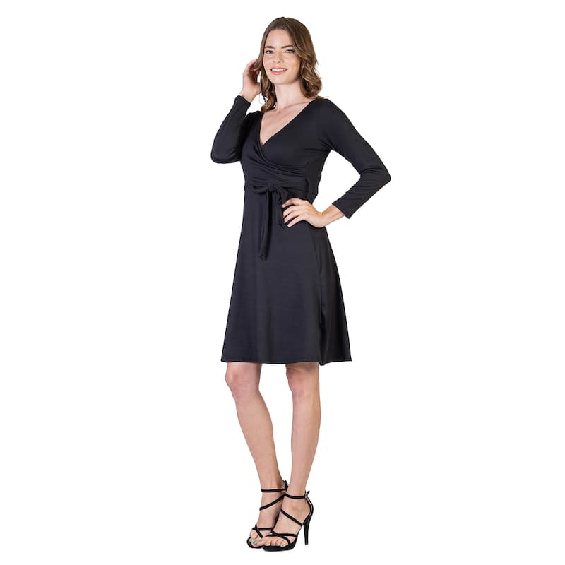 24seven Comfort Apparel Chic V-Neck Long Sleeve Belted Dress