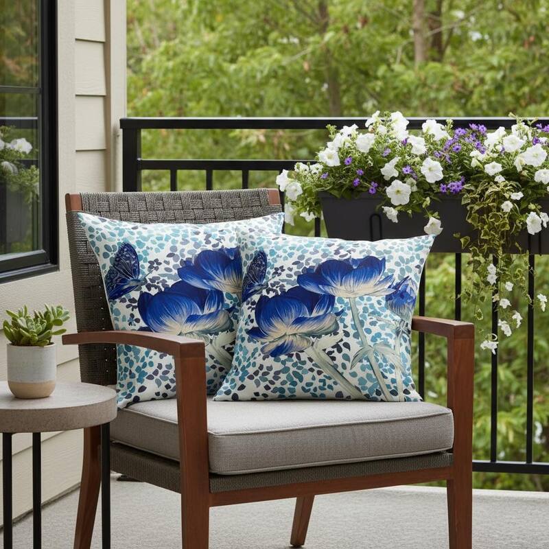 HomeRoots Set of Two 16" X 16" Blue and Off White Butterfly Blown Seam Floral Indoor Outdoor Throw Pillow - Blue/Off White - 16.00' X '16.00' X '5.00
