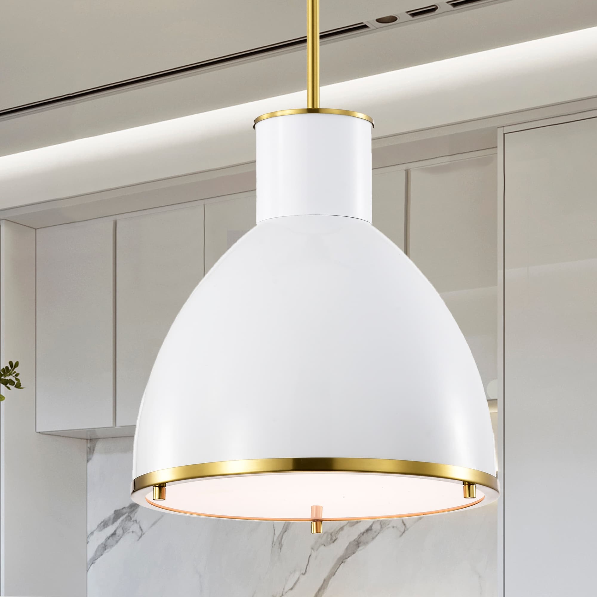 Rikko Brass Pendant Ceiling Lamp with White Hooded Brass Trim Shade - White-Brass