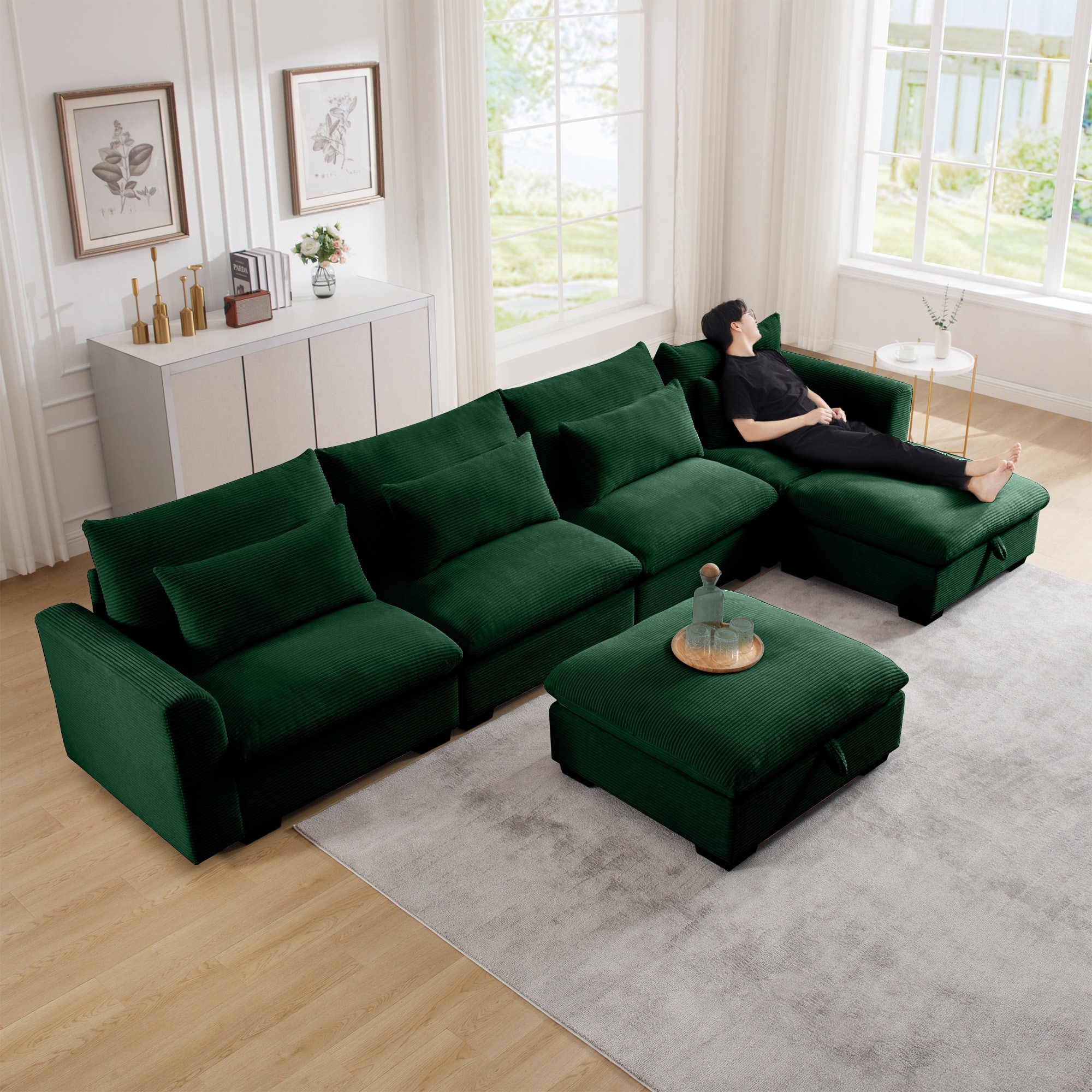 Luxury Big Deep Seat U Shaped Corduroy Sectional Couches 4 Seater Sofa Couch with 2 Storage Footstool 4 Waist Pillows Green Bed Bath Beyond 41179616