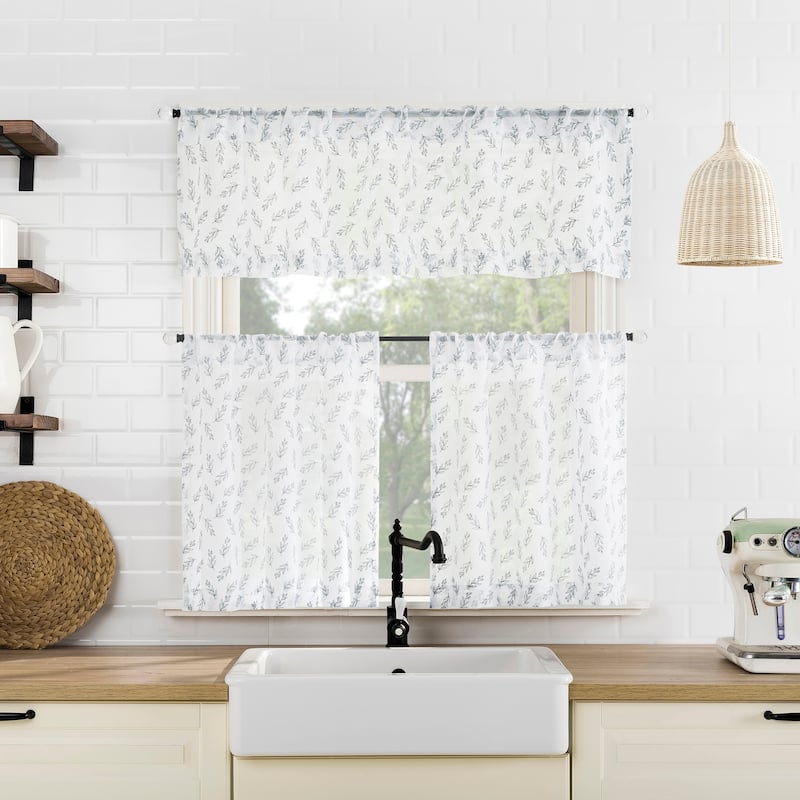 No. 918 Hawthorne Floral Leaf Sheer Rod Pocket 1-Piece Kitchen Curtain Valance