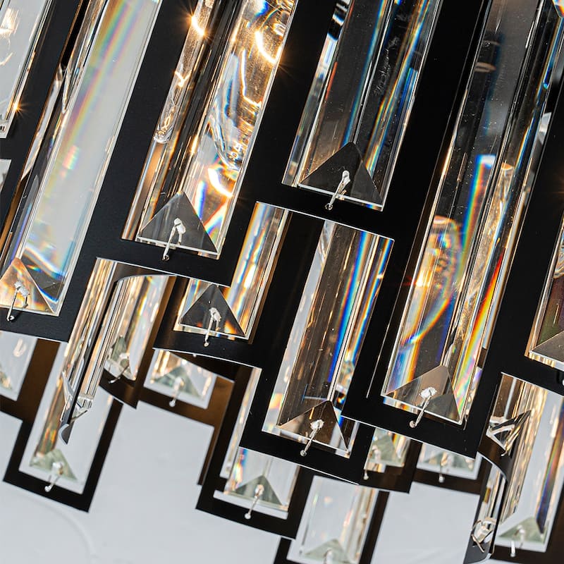 6 Lights Flush Mount Chandelier 16" Matte Black Modern Dimmable Round Ceiling Lamp With Crystal Accents - W16''