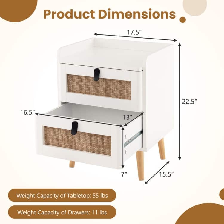 Modern End Table with Wide Top and 2 Rattan Storage Drawers - 17.5" x 15.5" x 22.5"