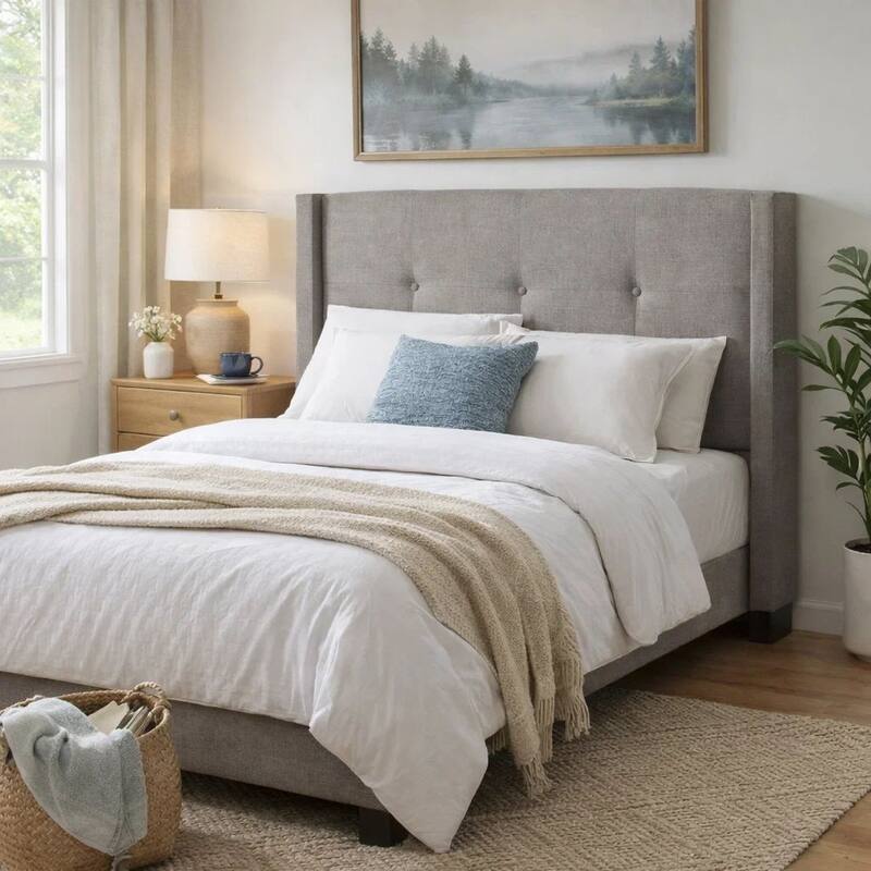 Adams Queen Size Headboard, Adjustable Metal Legs, Tufted Linen, Grey