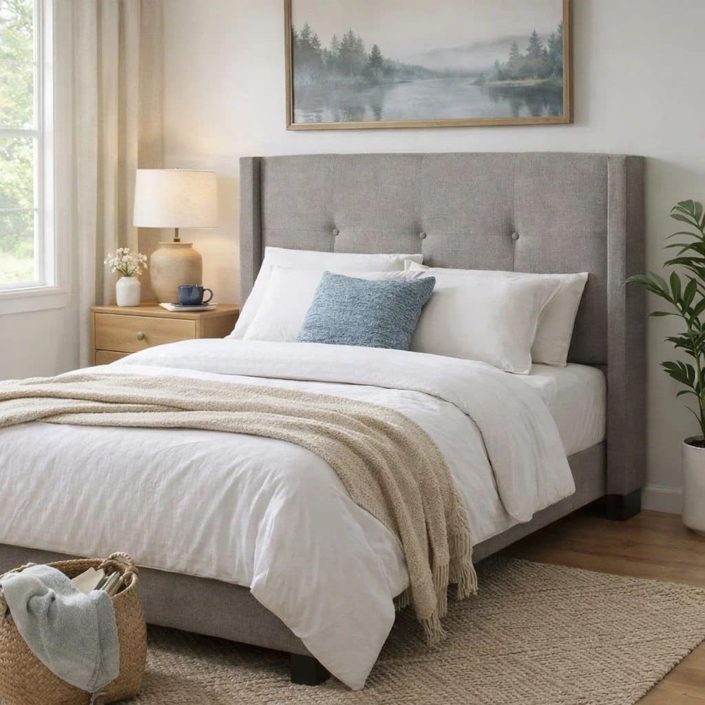 Adams Queen Size Headboard, Adjustable Metal Legs, Tufted Linen, Grey