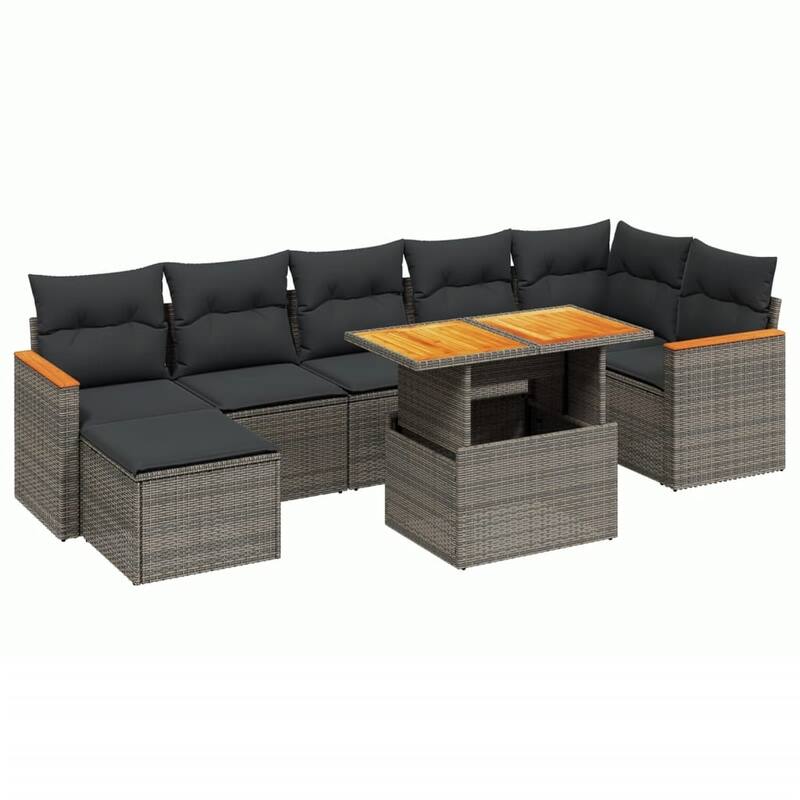 vidaXL Patio Sofa Set with Cushions Table and Stool 8 Piece Poly Rattan Acacia - 21.7 x 39.4 x 28.7 in