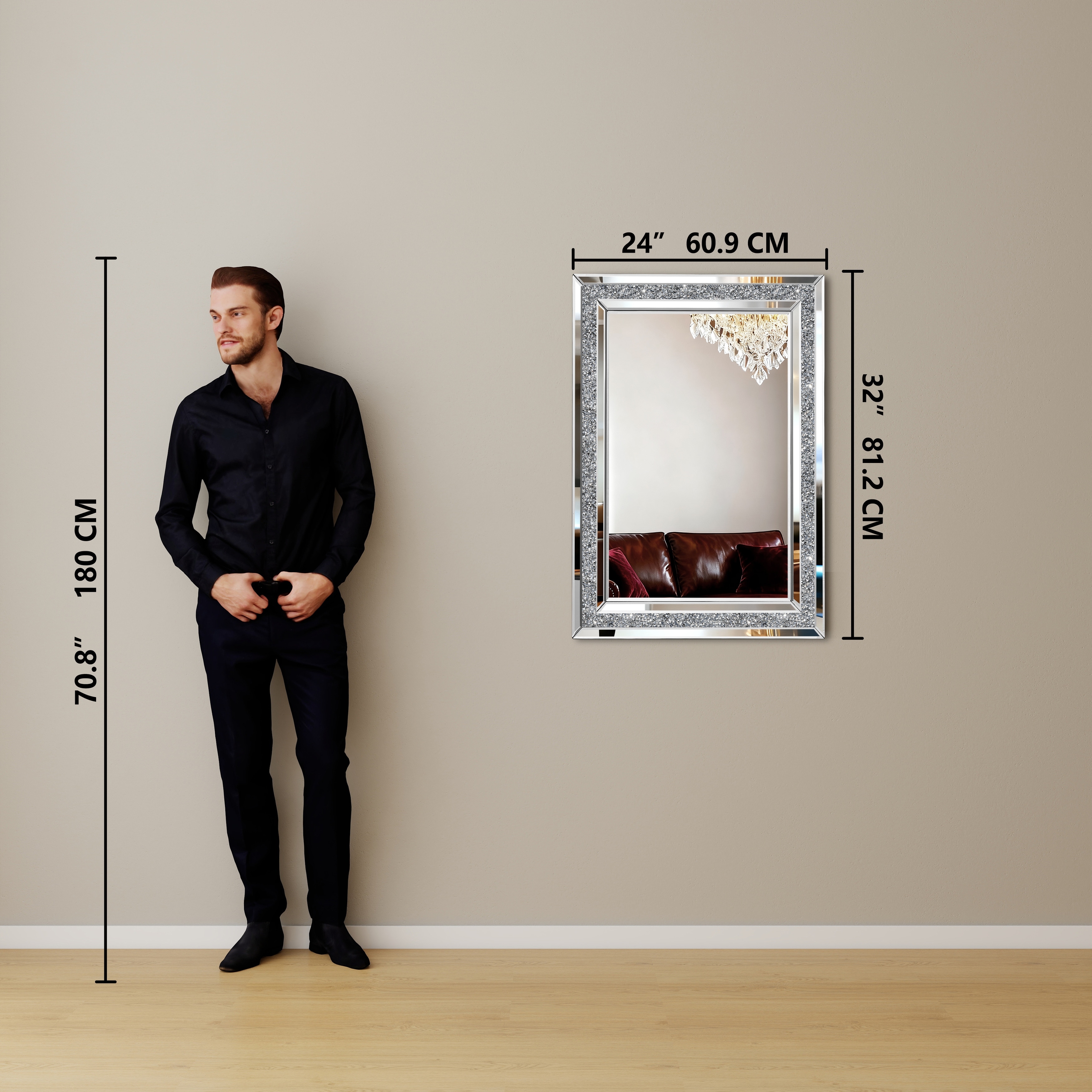 Glam Crystal Accent Mirror Diamond Inlay Wall Mirror - On Sale
