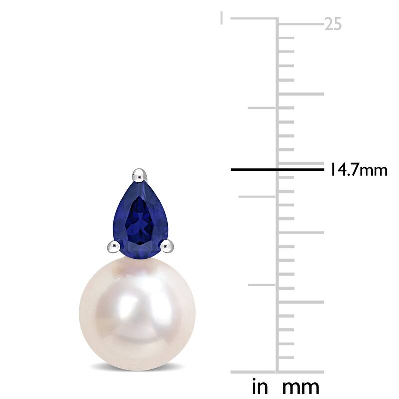 Miadora 8.5-9mm White Cultured Freshwater Pearl and 1 1/3ct TGW Created Blue Sapphire Stud Earrings in Sterling Silver