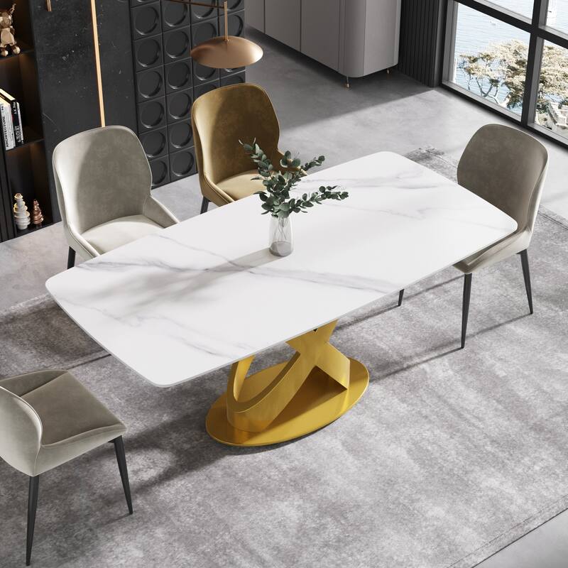 70.8'' Dining Table, Modern Dining Table for 8, Antique White Sintered Stone with Stainless Steel Gold Pedestal - Pandora