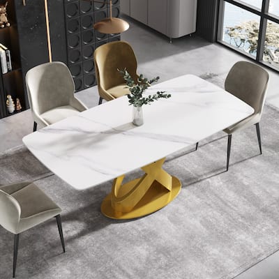 70.8'' Dining Table, Modern Dining Table for 8, Antique White Sintered Stone with Stainless Steel Gold Pedestal
