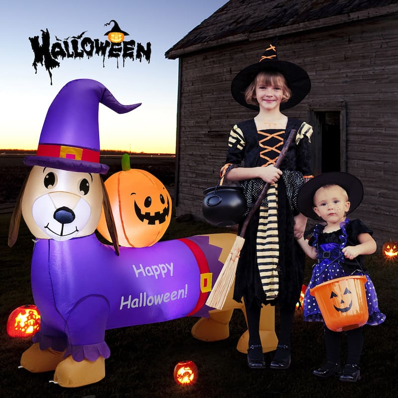 Costway 5 FT Long Halloween Inflatable Dachshund Dog with Pumpkin Self - See Details