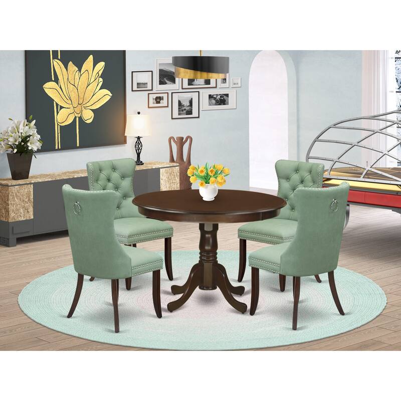 East West Furniture Kitchen Table Set Includes a Round Dining Table and Upholstered Chairs, Mahogany (Pieces Options) - HLDA5-MAH-22