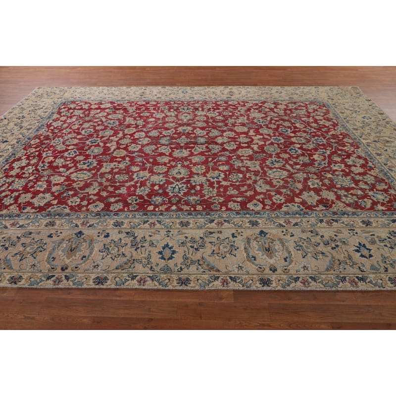 Distressed Floral Tabriz Persian Antique Rug Hand-Knotted Wool Carpet - 9'3" x 12'5"