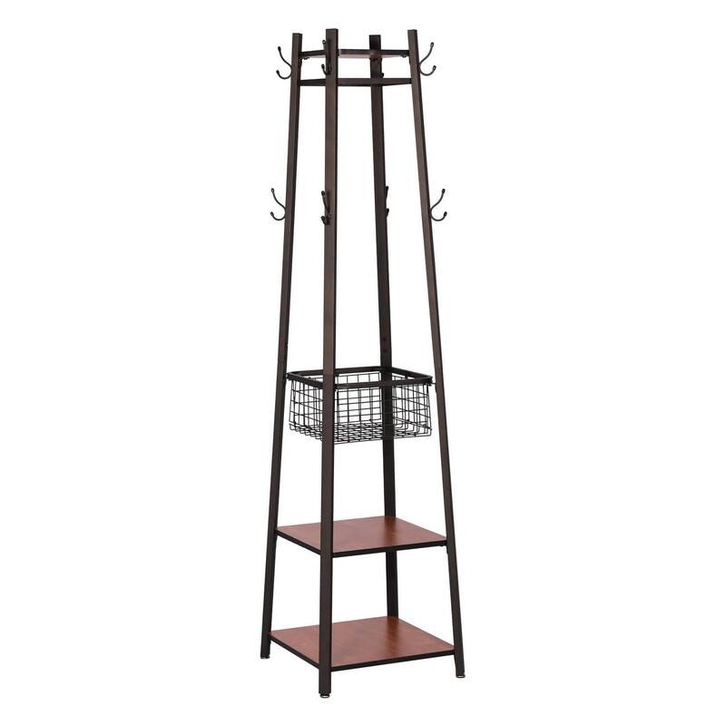 Coat Rack Freestanding,Hall Tree with Metal Basket - Vintage Brown